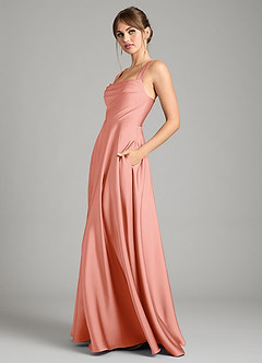 Azazie Shaude Bridesmaid Dresses Coral A-Line Pleated Stretch Satin Dress image4