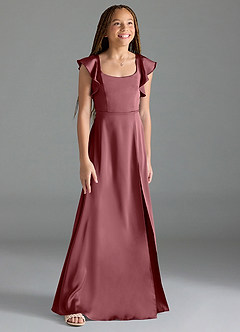 Azazie Bondi Junior Desert Rose A-Line Side Slit Stretch Satin Dress image3