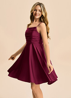 Azazie Miko Junior A-Linie Plissee Stretch-Satin Kleid Burgunderrot image7