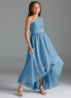Azazie Mathilda Junior Steel Blue A-Line Pleated Chiffon Dress image3