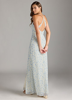 Azazie Becca Robes de demoiselle d'honneur Robe Fourreau en Mousseline de soie Col en V Floral Azur image7