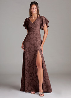 Azazie Ambrosia Jurken voor bruidsmeisjes Jurk van Bloemen Burn-out met A-Lijn Geplooid Espresso image1