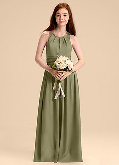 Azazie Bibiane Junior Vestido de Pistacho de Satén Elástico de Corte en A con Plisado image4