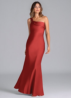 Azazie Driea Bridesmaid Dresses Pomegranate Mermaid One Shoulder Stretch Satin Dress image3