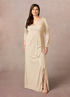 Azazie Risa Mother of the Bride Dresses Champagne Mermaid V-Neck Pleated Mesh Dress image6