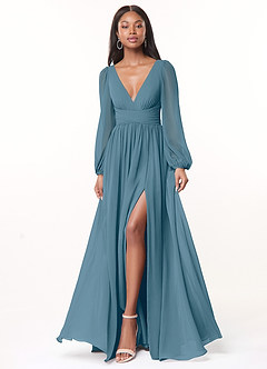 Azazie Norah Bridesmaid Dresses Bermuda A-Line V-Neck Long Sleeve Chiffon Dress image1