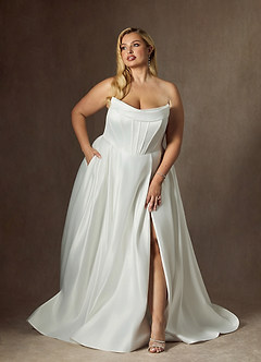 Azazie Katalina Trouwjurken Jurk van Satijn met Baljurk Strapless Diamant Wit image14