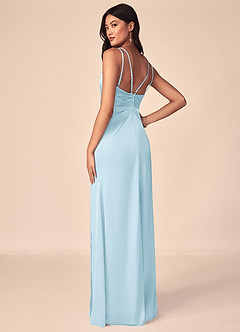 Azazie Aqua Vestidos de damas de honor Vestido de Azul Cielo de Satén Elástico de Corte en A con Cuello en V plisado image3