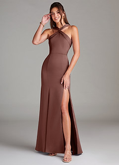 Azazie Rue Bridesmaid Dresses Espresso A-Line Pleated Stretch Satin Dress image1