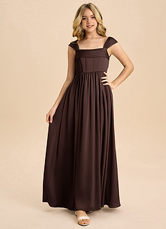 Azazie Hattie Junior Robe Trapèze en Satin extensible Plissée Ganache image5