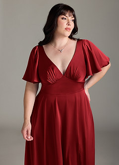 Azazie Kimber Bridesmaid Dresses Scarlet A-Line Ruched Stretch Satin Dress image11