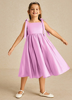 Azazie Chelsie vestidos de niña de las flores Vestido de Rosa Caramelo de Satin Mate de Corte En A con Lazo image1