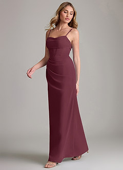 Azazie Mai Vestidos de damas de honor Vestido de Cabernet de Gasa de Corte Recto con Plisado image4