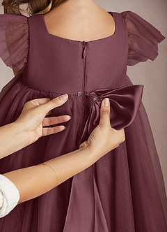 Azazie Kalio Flower Girl Dresses Sangria A-Line with Sleeves Tulle Dress image4