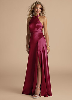 Azazie Clarice Bridesmaid Dresses Burgundy A-Line High Neck Metallic Satin Dress image1