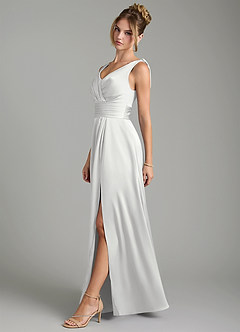 Azazie Karina Bridesmaid Dresses White A-Line Pleated Stretch Satin Dress image3