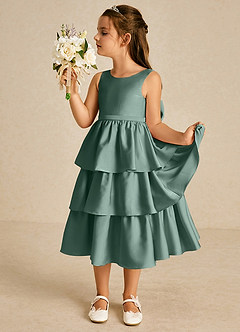 Azazie Margery Flower Girl Dresses Eucalyptus A-Line Bow Stretch Satin Dress image4
