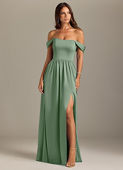 Azazie Calianna Bridesmaid Dresses Matcha A-Line Off the Shoulder Stretch Satin Convertible Dress image1
