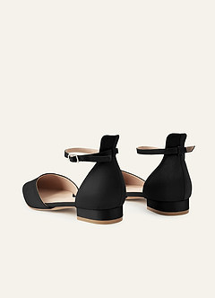 front Matching Color Matte Satin Pointed Toe Ankle Strap Flat Pumps Low Heel Wedding Shoes