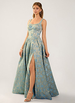 Cimaya Lake Blue Square-Neck Jacquard Prom Dress image3