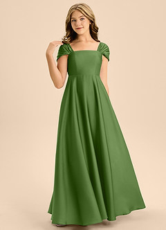 Azazie Rowena Junior Basil A-Line Bow Stretch Satin Dress image4