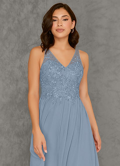Azazie Amy Bridesmaid Dresses Dusty Blue A-Line Lace Chiffon Dress image4