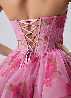 Reliau Rosa Minikleid aus Tüll mit Spitzenprint, Korsett, A-Linie und Schnürung image5