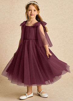 Azazie Dori Robe Demoiselle D'honneur Fillette Robe Trapèze en Tulle Rayé Cabernet image5