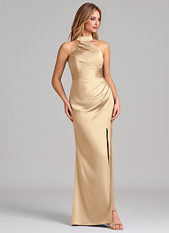 Azazie Karlotta Bridesmaid Dresses Champagne Sheath Pleated Stretch Satin Dress image5