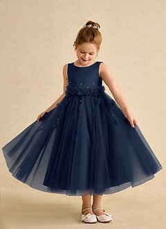 Azazie Lux Flower Girl Dresses Dark Navy A-Line Beaded Tulle Dress image3