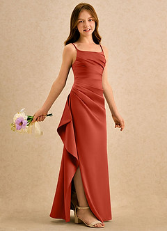 Azazie Cannoli Girls Formal Flower Girl Dresses Rust A-Line Pleated Stretch Satin Dress image1