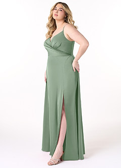 Azazie Dalilah Final Sale Matcha A-Line V-Neck Pleated Stretch Satin Dress image8
