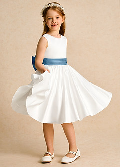 Azazie Sosie Flower Girl Dresses Ivory Steel Blue A-Line Pleated Matte Satin Dress image5