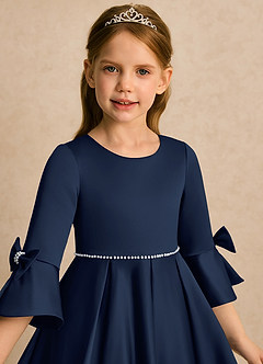 Azazie Eliza Flower Girl Dresses Dark Navy A-Line Pleated Matte Satin Dress image6