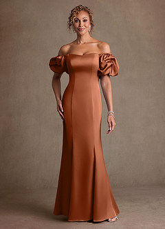 Azazie Redding Mother of the Bride Dresses Copper Sheath Ruched Stretch Satin Dress image1