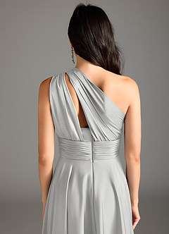 Azazie Charlize Bridesmaid Dresses Silver A-Line One Shoulder Stretch Satin Dress image8