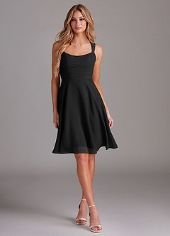Azazie Vina Brautjungfernkleider A-Linie Spitze Chiffon Kleid Schwarz image3