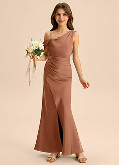 Azazie Madelyn Junior Osłona Zza ramienia Satyna elastyczna Długość podłogi Młodsza druhna Sukienka image1