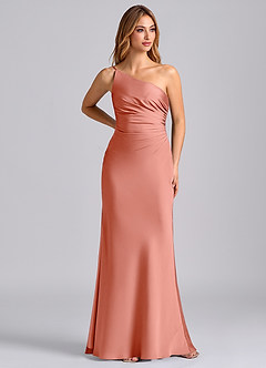Azazie Marseli Bridesmaid Dresses Coral Mermaid One Shoulder Stretch Satin Dress image1