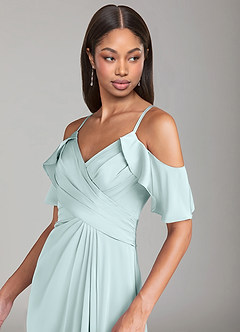Azazie Dakota Bridesmaid Dresses Sea Glass A-Line Off the Shoulder Stretch Satin Dress image5