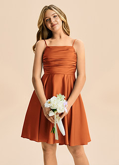 Azazie Miko Junior Vestido de Canela de Satén Elástico de Corte en A con Plisado image6