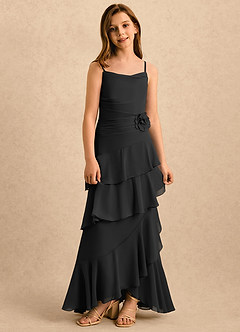 Azazie Indiah Girls Formal 플라워 걸 드레스 A라인 러칭 쉬폰 플로어 길이 드레스 image3