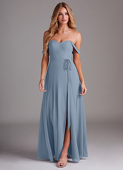 Azazie Aaron Bridesmaid Dresses Dusty Blue A-Line Off the Shoulder Chiffon Convertible Dress image4