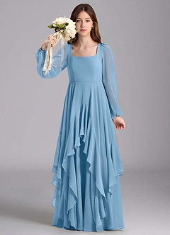 Azazie Clara Junior Steel Blue A-Line Blouson Chiffon Dress image3