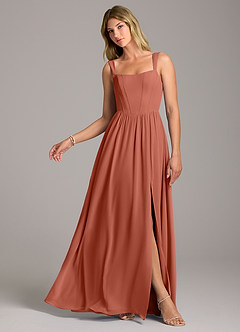 Azazie Rosaline Robes de demoiselle d'honneur Robe Trapèze en Mousseline de soie Fente Latérale Argile image1