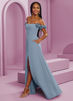 Barbie ♥ Azazie Suknie dla druhen Rozkloszowana szyfonowa sukienka z odkrytymi ramionami i kwiatowymi rozetkami image6