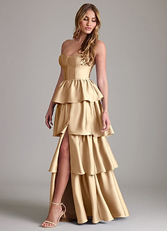 Azazie Faye Bridesmaid Dresses Champagne A-Line Ruched Stretch Satin Dress image3