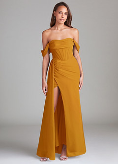 Azazie Amyra Jurken voor bruidsmeisjes Converteerbaar Jurk van Chiffon met Kolom Off the Shoulder Boterbabbelaar image1
