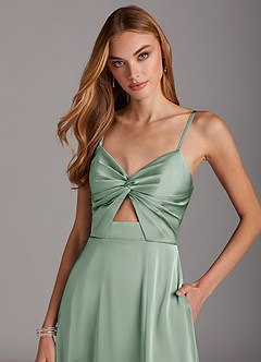 Azazie Jenna Bridesmaid Dresses Agave A-Line Pleated Stretch Satin Dress image5