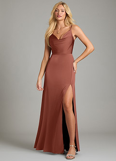 Azazie Sarella Vestidos de damas de honor Vestido de Castaño de Satén Elástico de Corte en A con Plisado image4